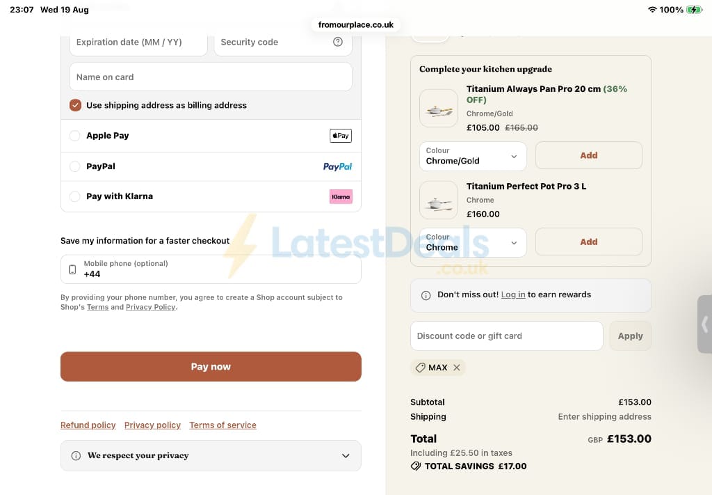 Screenshot of the Our Place discount code working