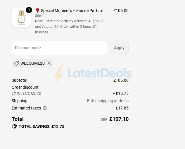 Screenshot of the Hamdah London UK discount code working