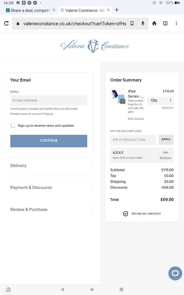 Screenshot of the Valerie Constance discount code working