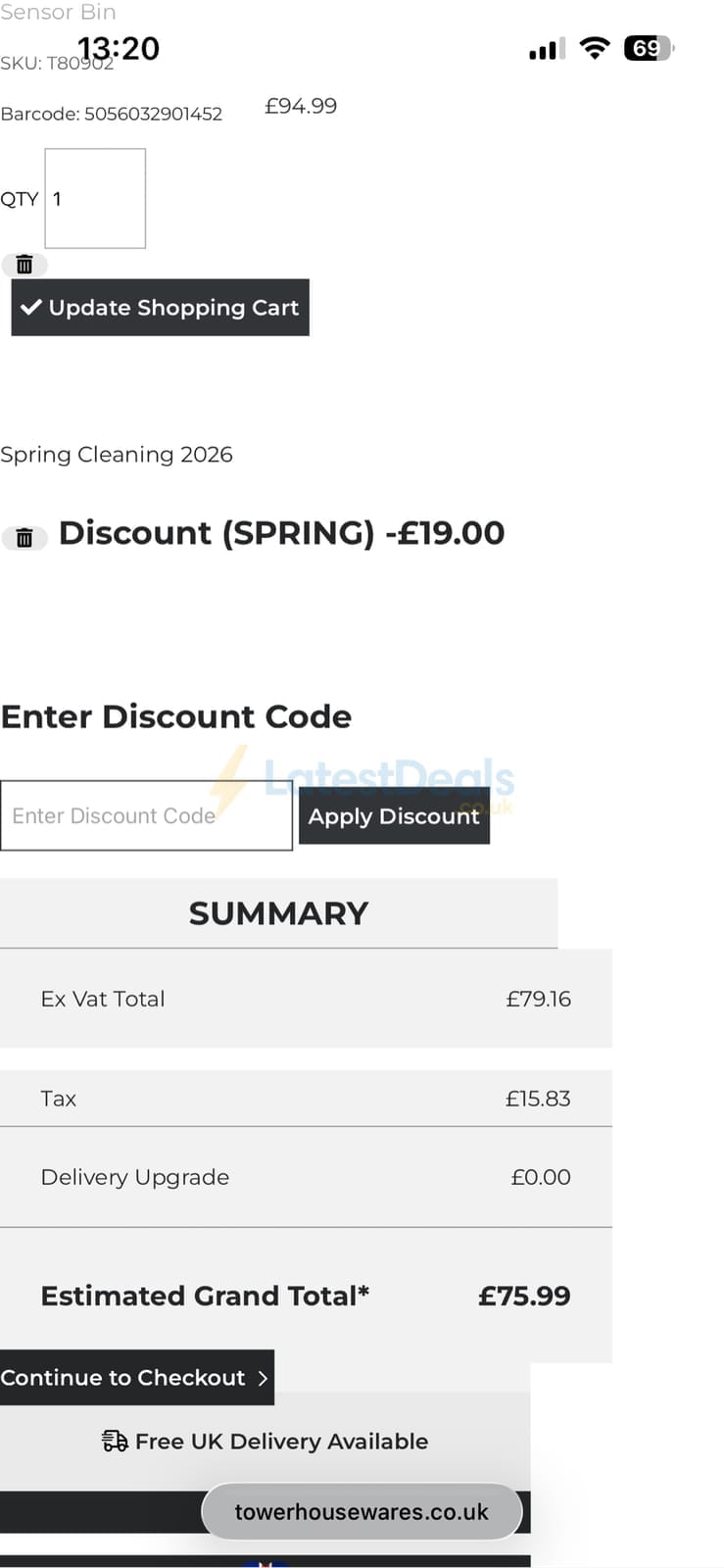 Screenshot of the Tower discount code working