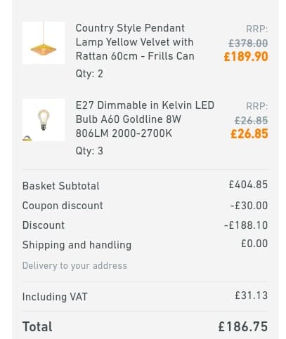 Screenshot of the Lampandlight discount code working