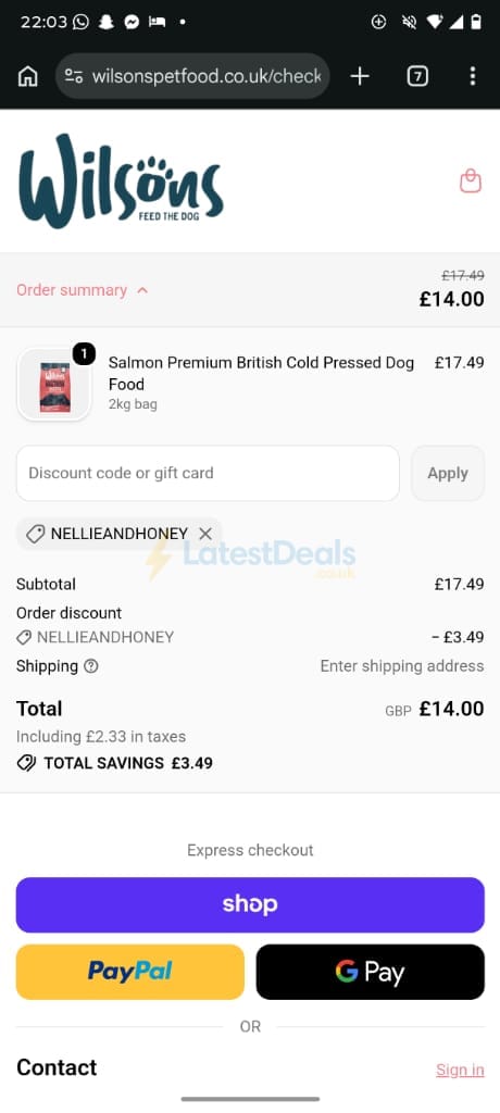 Screenshot of the Wilsons Pet Food discount code working