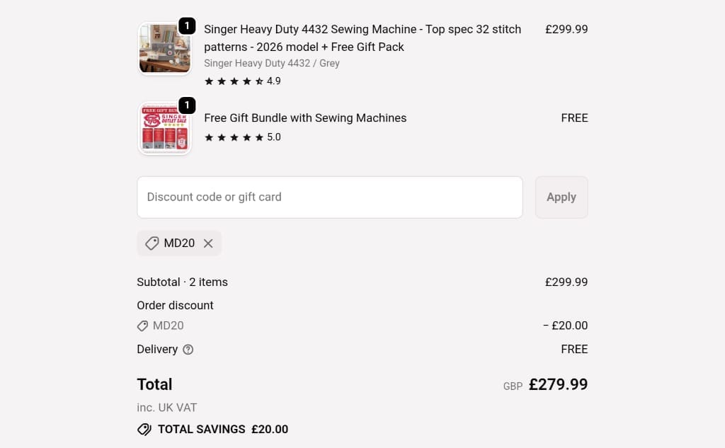 Screenshot of the Singer Sewing Outlet discount code working