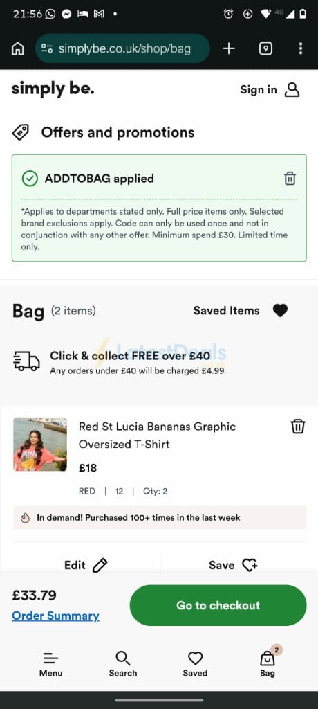 Screenshot of the Simply Be discount code working