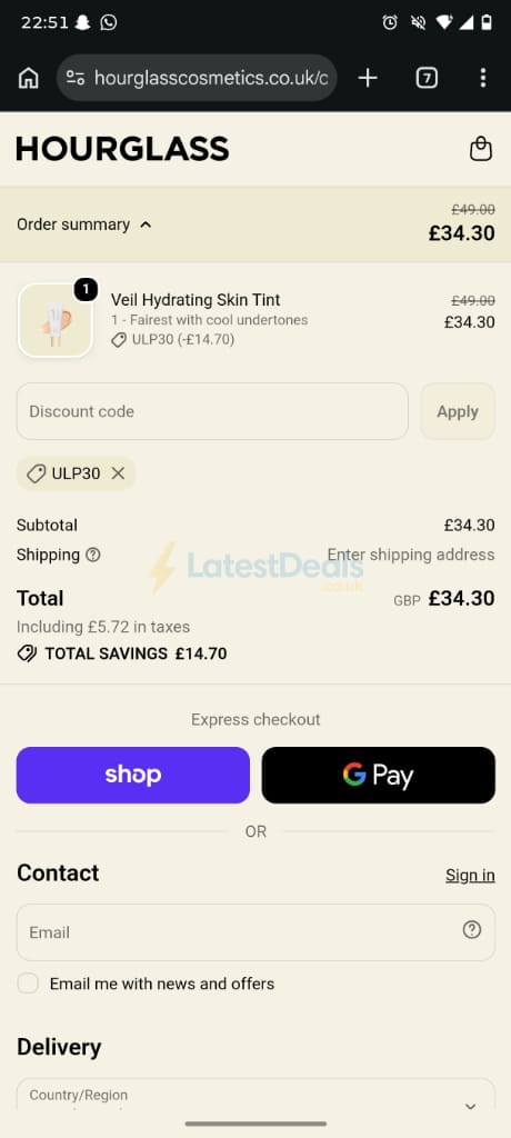 Screenshot of the Hourglass Cosmetics discount code working