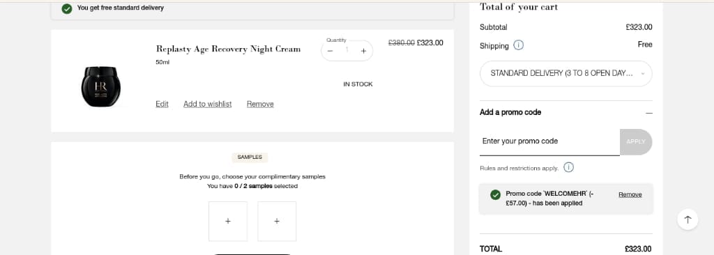 Screenshot of the Helena Rubinstein discount code working