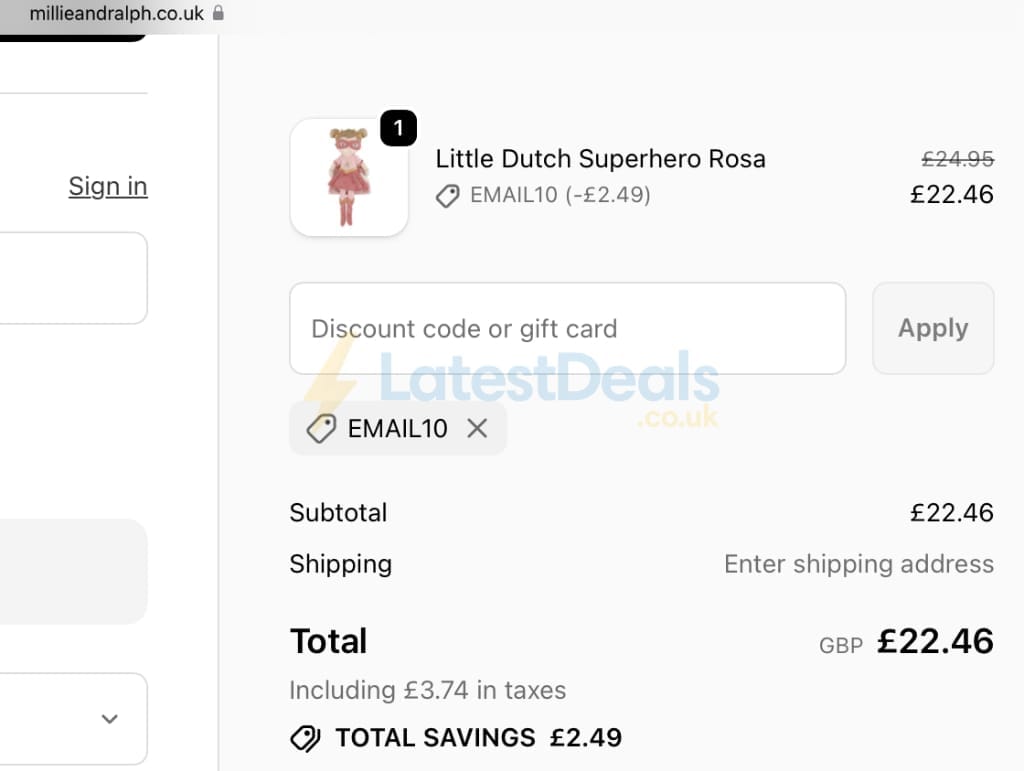 Screenshot of the Millie & Ralph discount code working