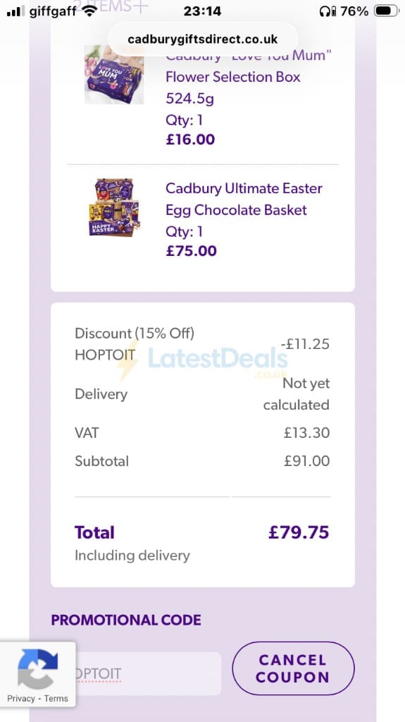 Screenshot of the Cadbury Gifts Direct discount code working