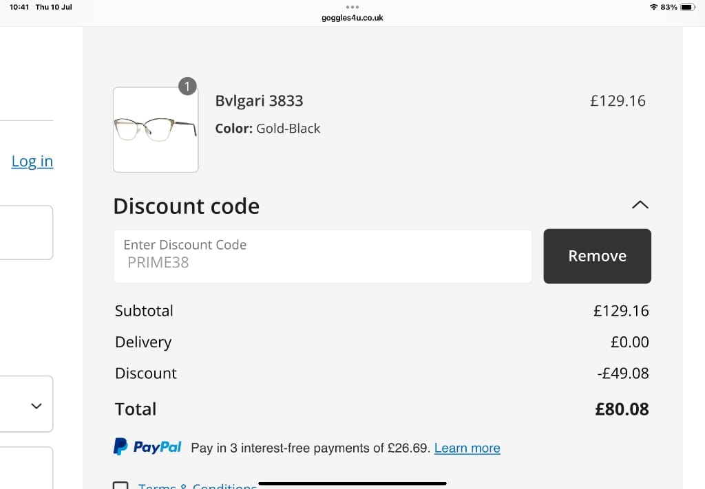 Screenshot of the Goggles4u discount code working