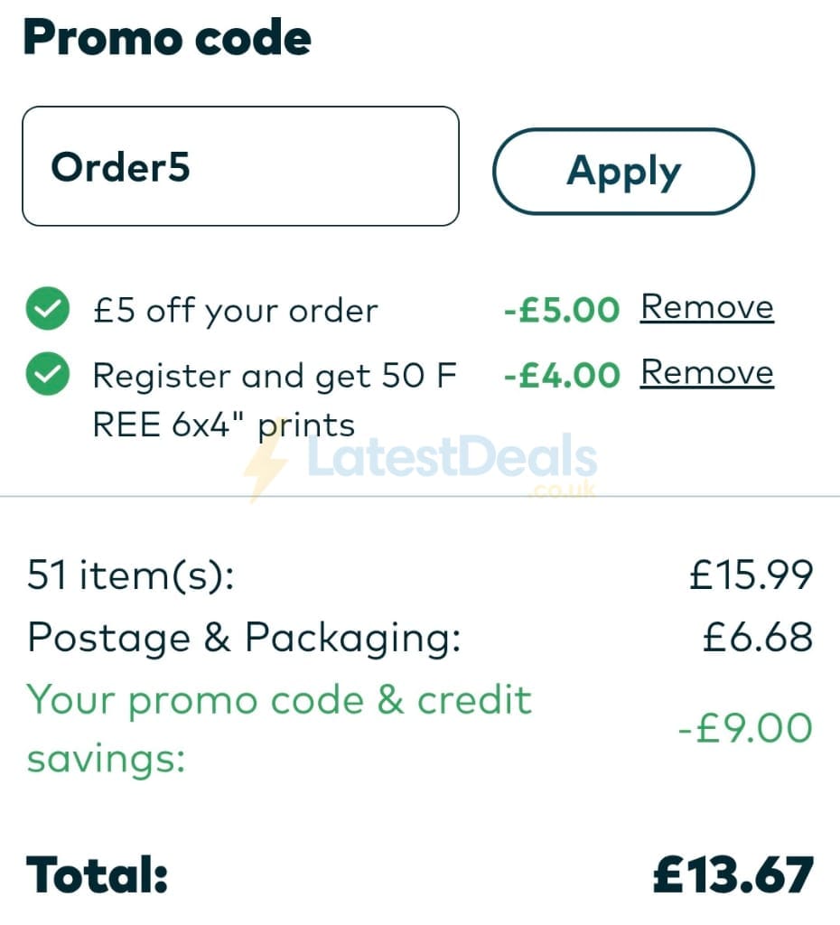 Screenshot of the Snapfish discount code working