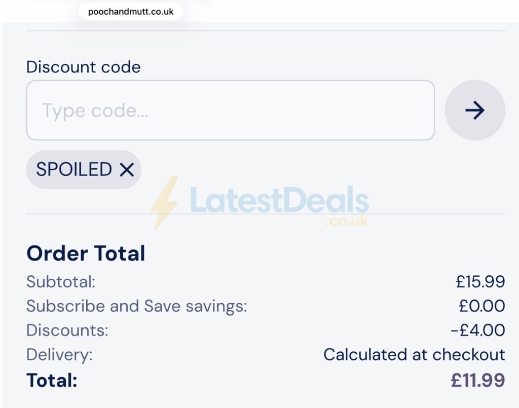 Screenshot of the Pooch & Mutt discount code working