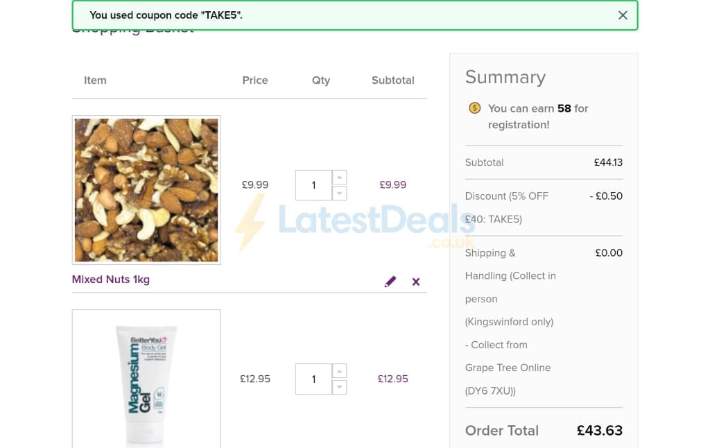 Screenshot of the Grape Tree discount code working