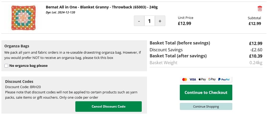 Screenshot of the Wool Warehouse discount code working