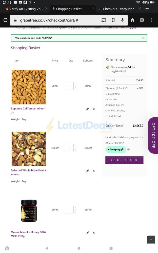 Screenshot of the Grape Tree discount code working