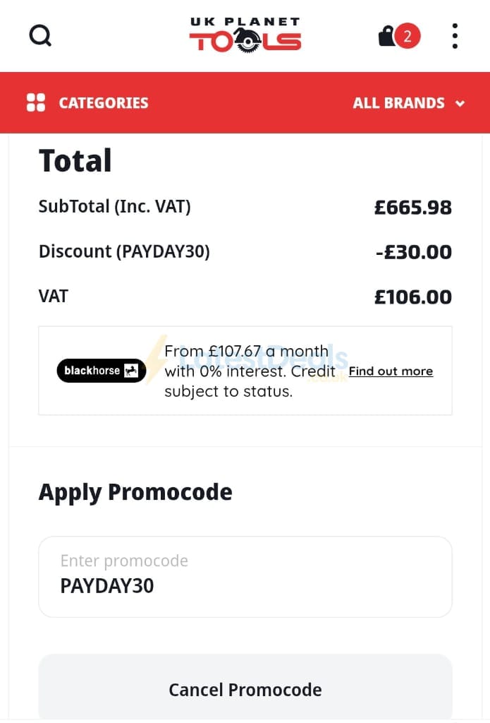 Screenshot of the UK Planet Tools discount code working