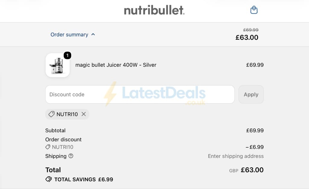 Screenshot of the Nutribullet discount code working