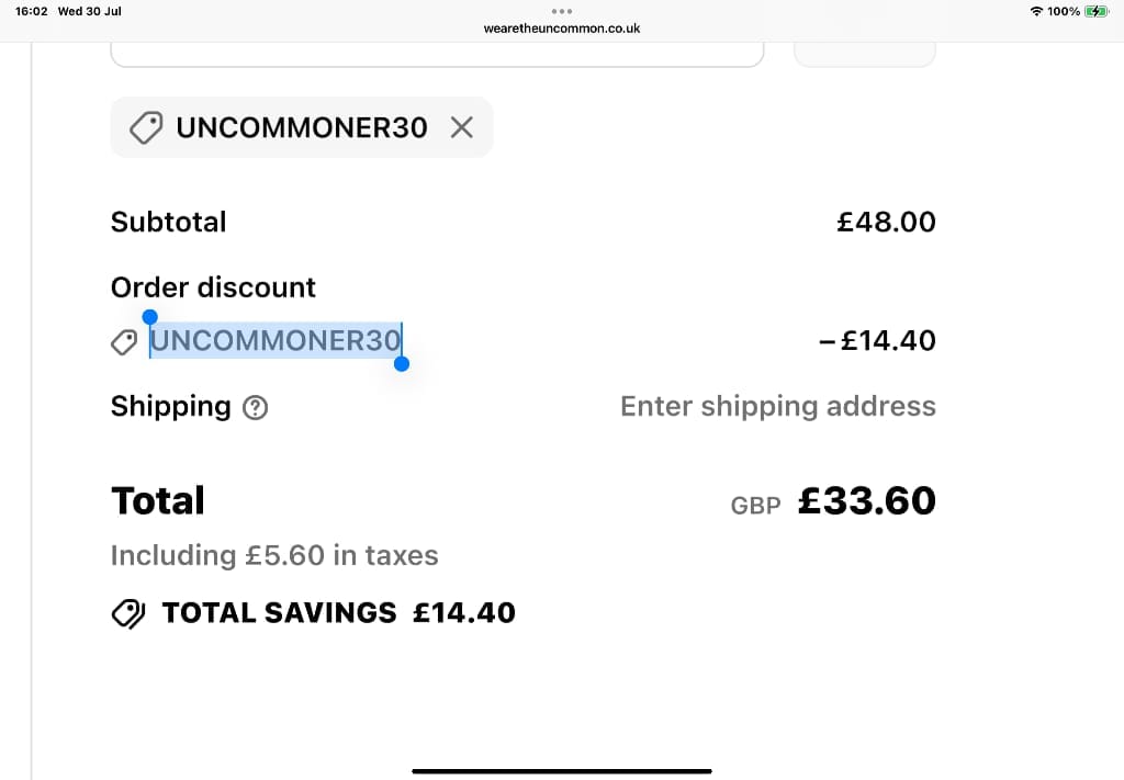 Screenshot of the The Uncommon discount code working