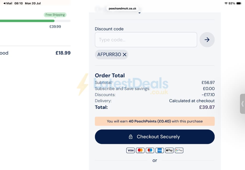 Screenshot of the Pooch & Mutt discount code working