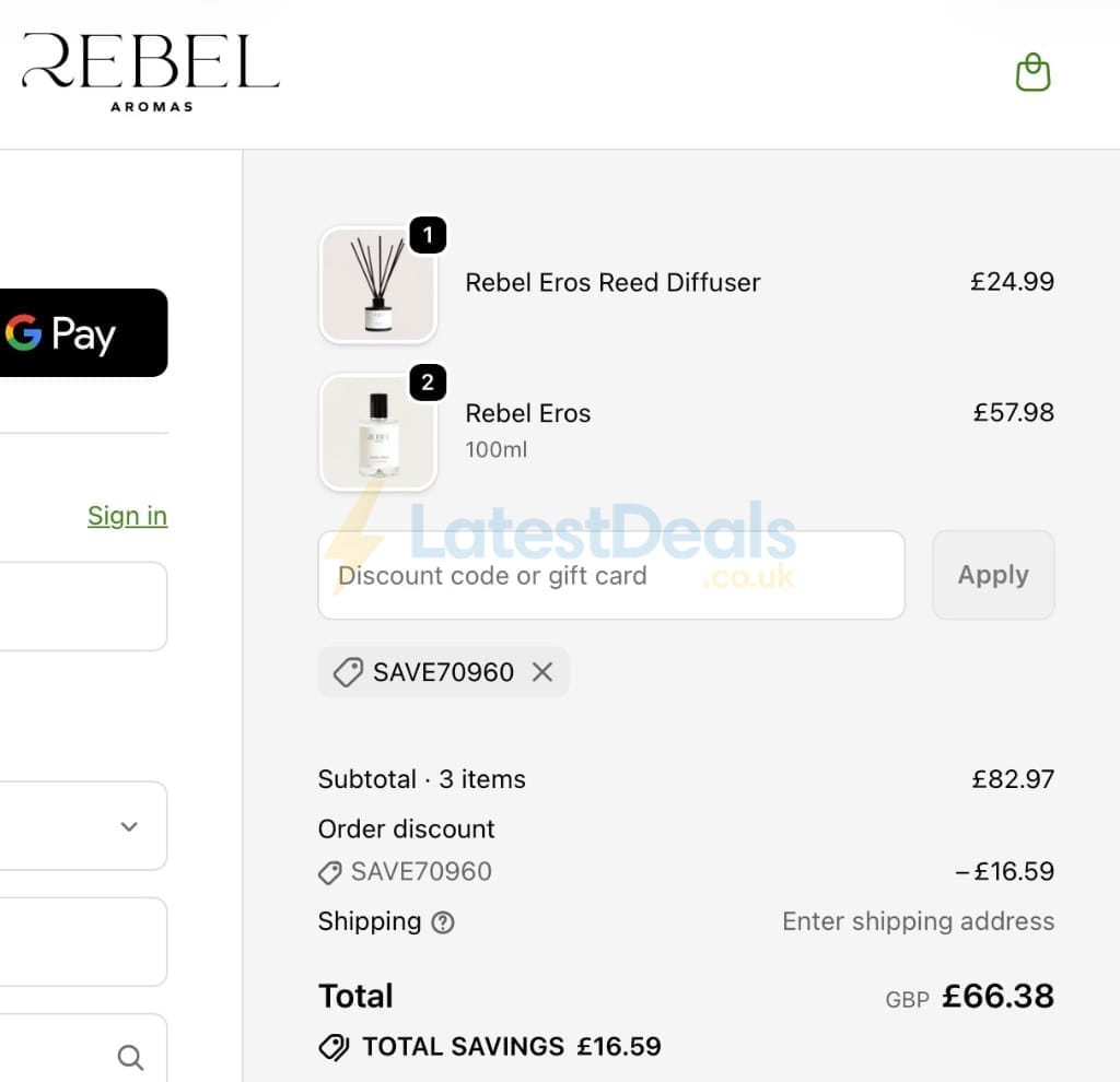 Screenshot of the Rebel Aromas discount code working