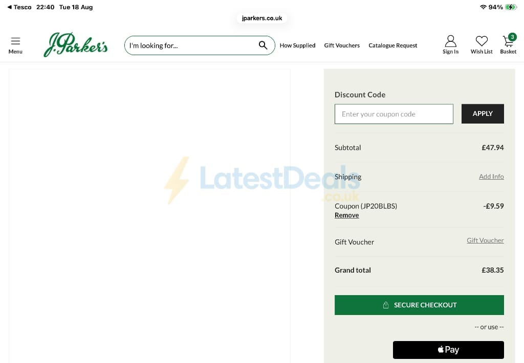 Screenshot of the J Parkers discount code working
