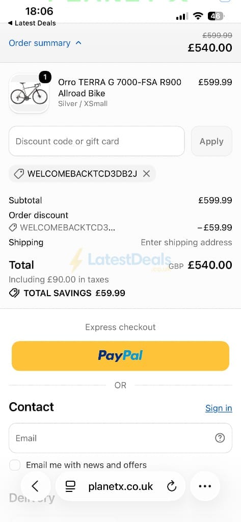 Screenshot of the Planet X discount code working