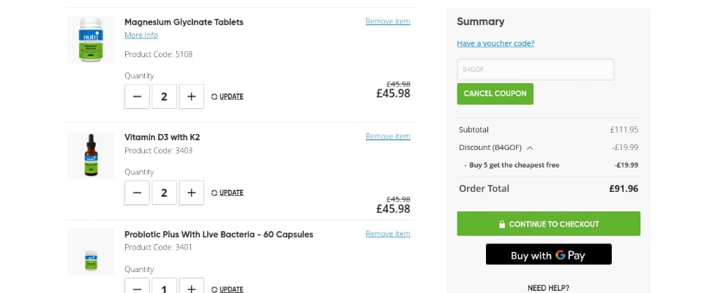 Screenshot of the Nutri Advanced discount code working