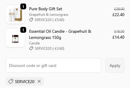 Screenshot of the Pure Lakes discount code working