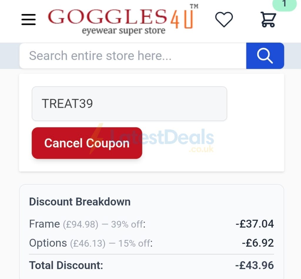 Screenshot of the Goggles4u discount code working