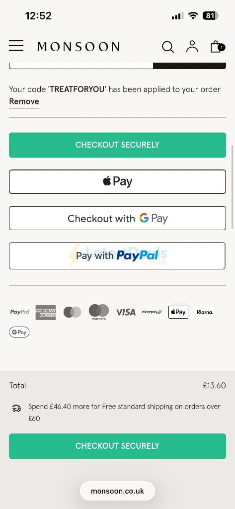 Screenshot of the Monsoon discount code working