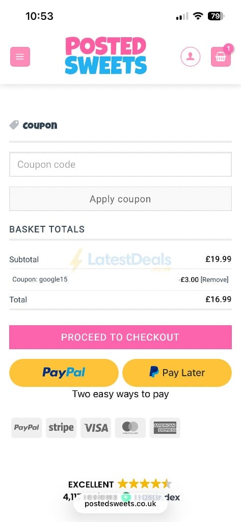 Screenshot of the Posted Sweets discount code working