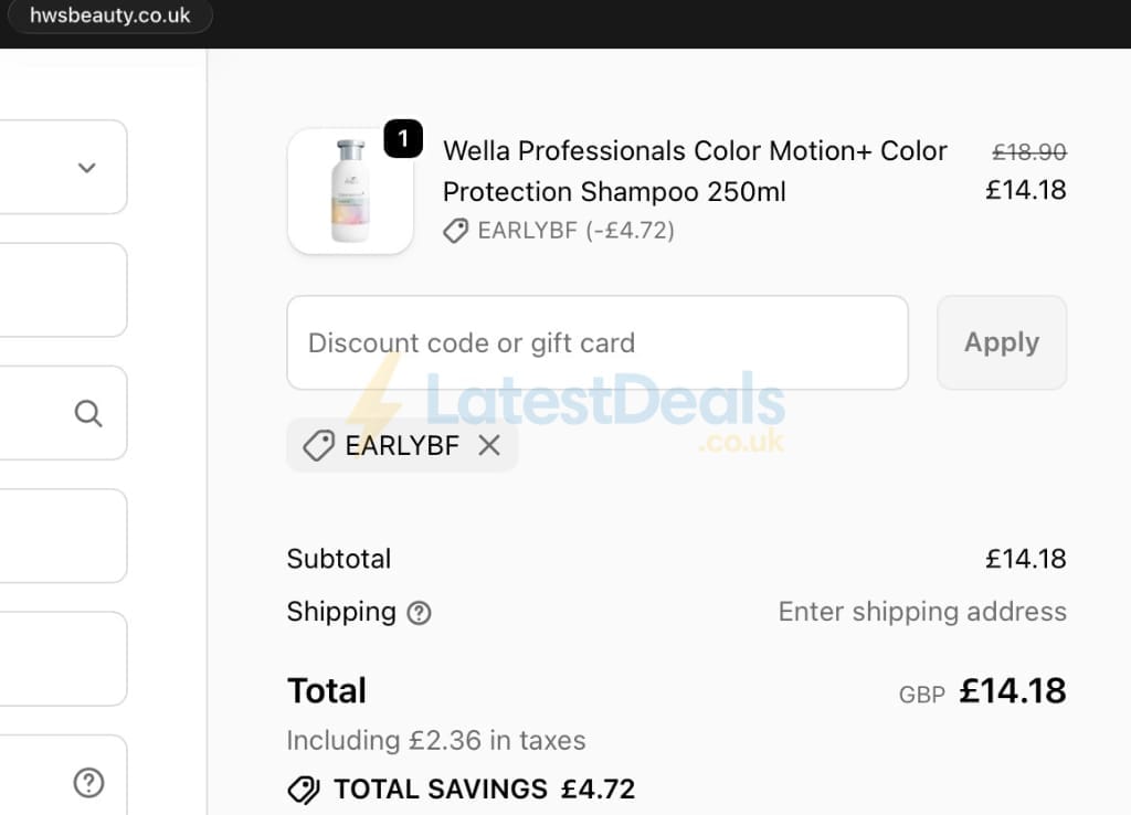 Screenshot of the HWS Beauty discount code working