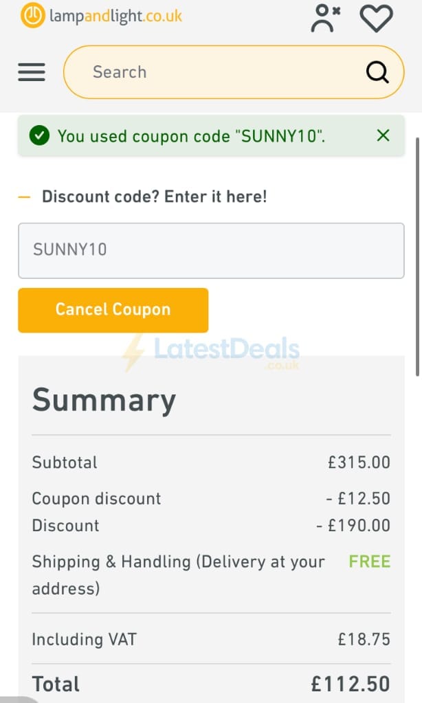 Screenshot of the Lampandlight discount code working