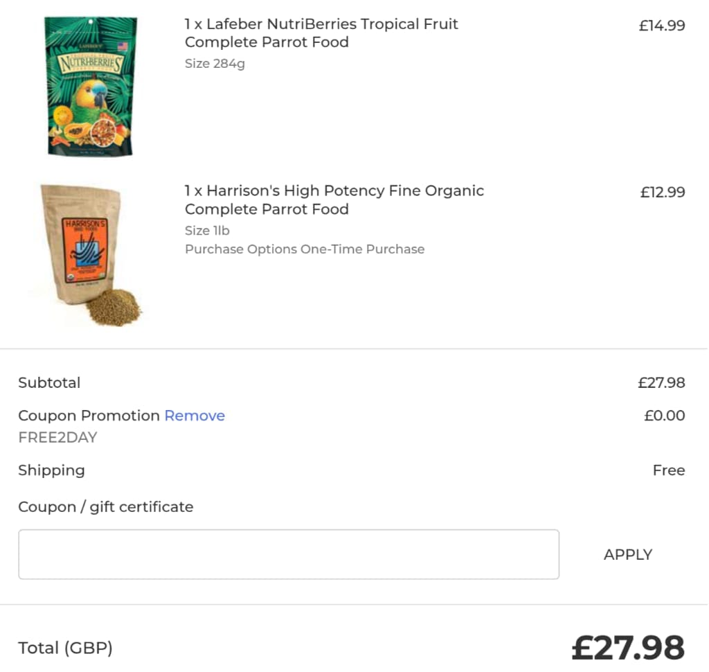 Screenshot of the Parrot Essentials discount code working