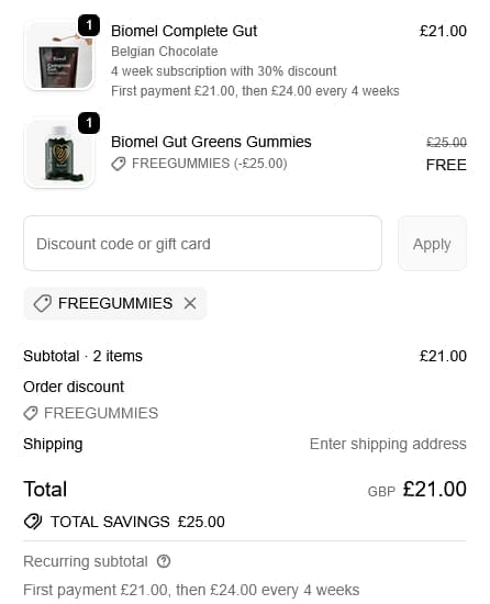 Screenshot of the Biomel discount code working