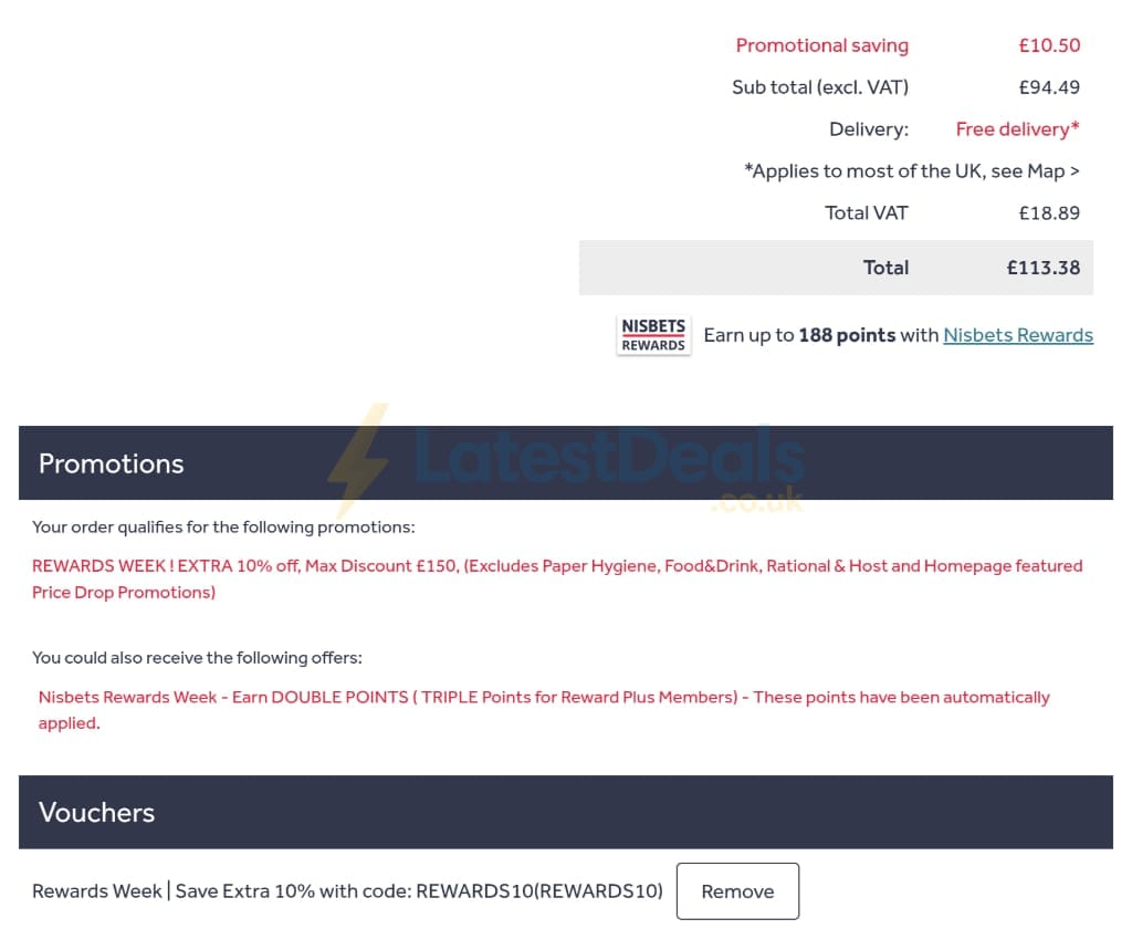 Screenshot of the Nisbets discount code working