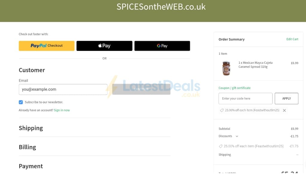 Screenshot of the SPICES on the WEB discount code working