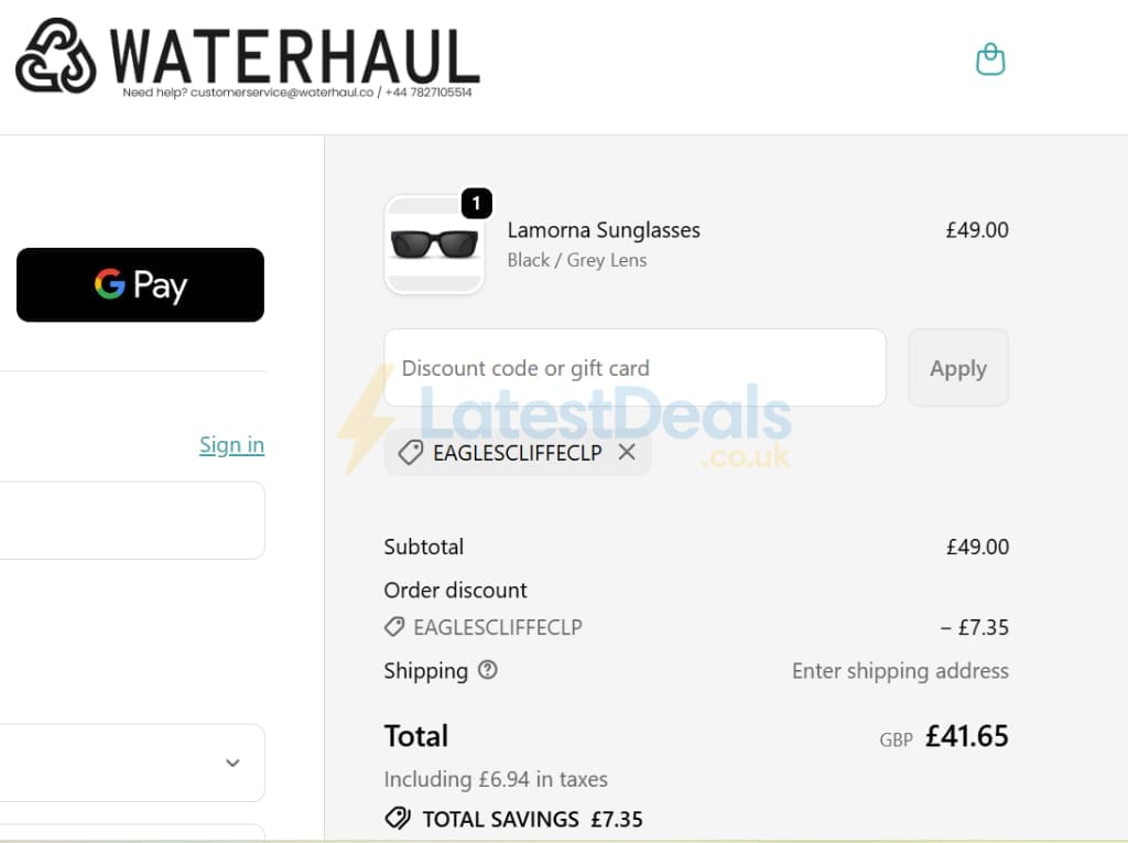 Screenshot of the Waterhaul discount code working