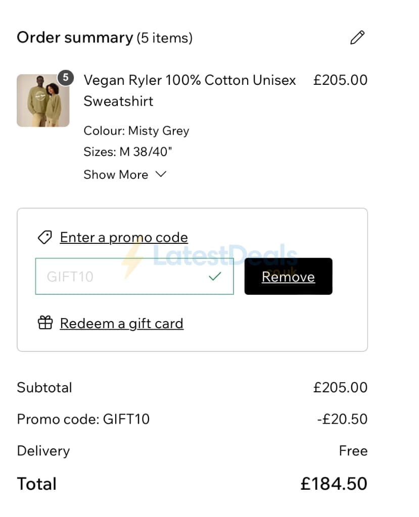 Screenshot of the VEGAN Happy Clothing discount code working