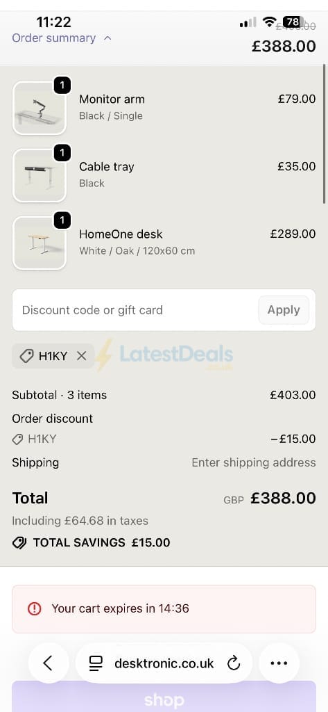 Screenshot of the Desktronic discount code working