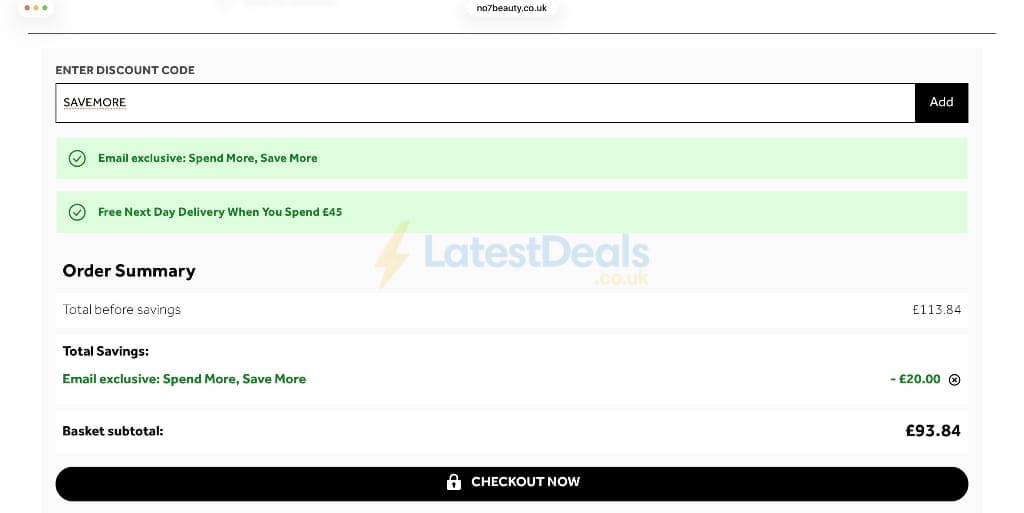 Screenshot of the No7 Beauty discount code working
