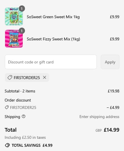 Screenshot of the Sosweetshop discount code working