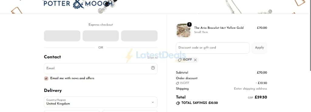Screenshot of the Potter & Mooch discount code working
