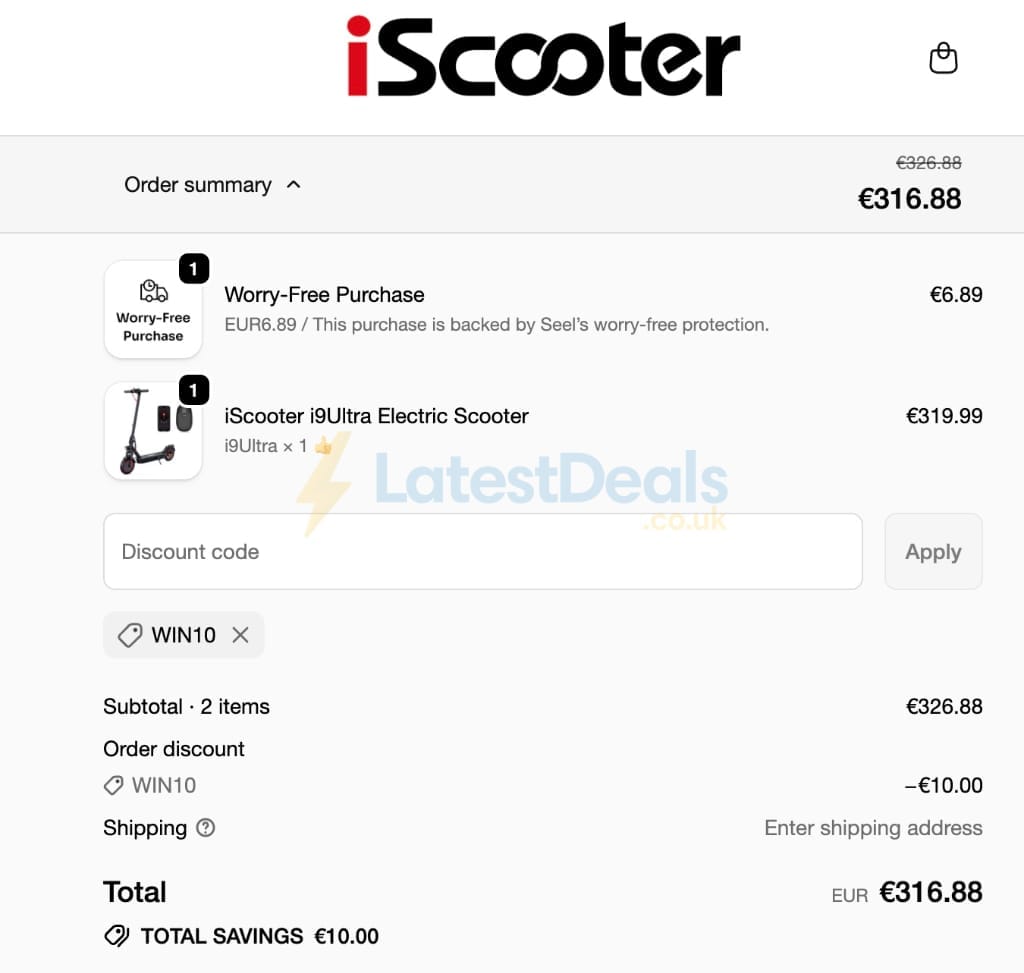 Screenshot of the iScooter EU discount code working