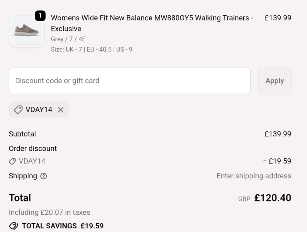 Screenshot of the Wide Fit Shoes discount code working
