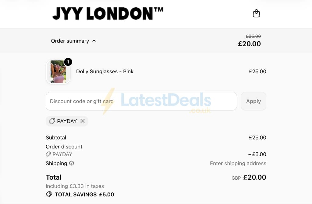 Screenshot of the JYY London discount code working