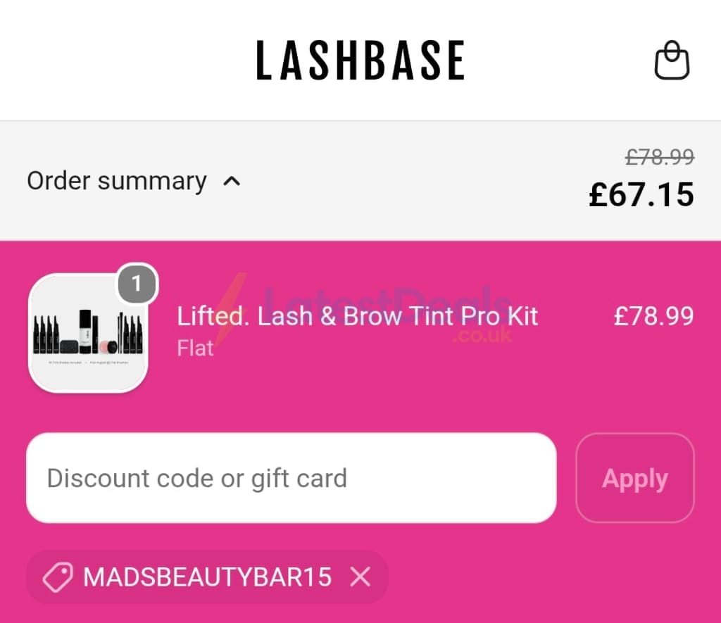 Screenshot of the LashBase discount code working