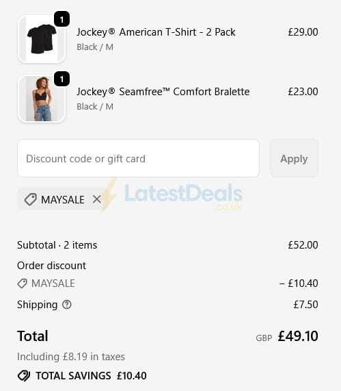 Screenshot of the Jockey discount code working