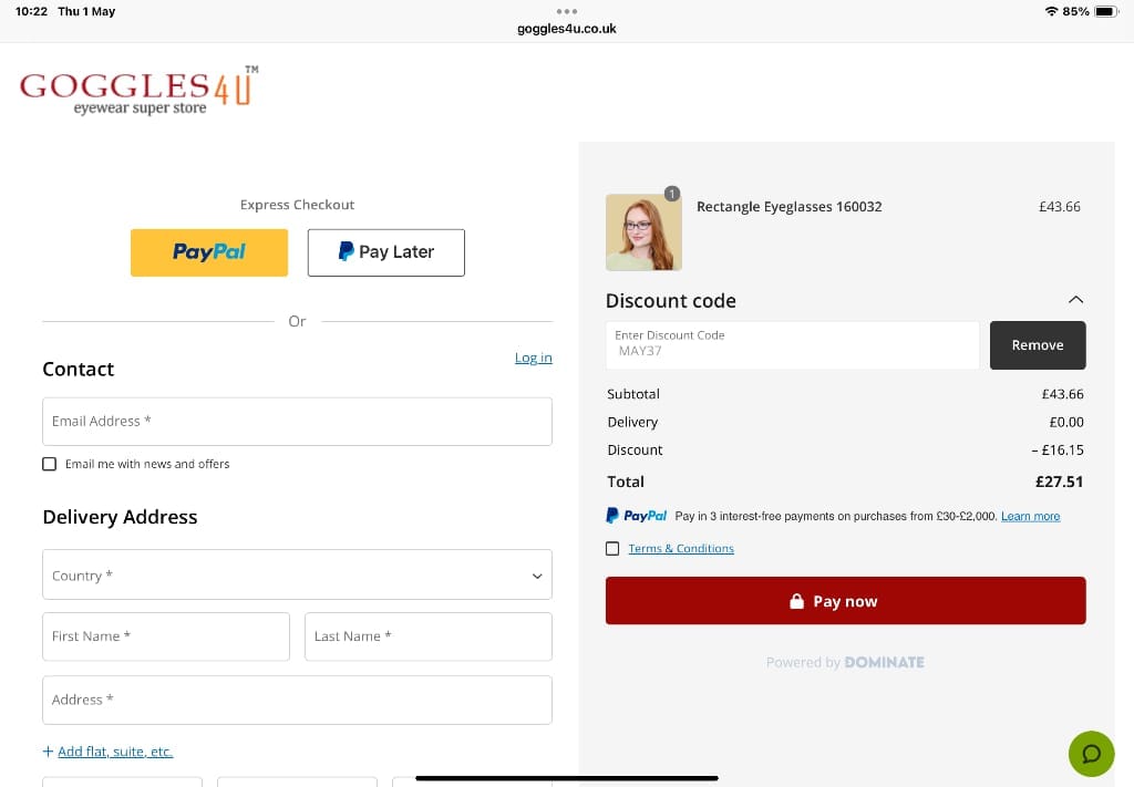 Screenshot of the Goggles4u discount code working