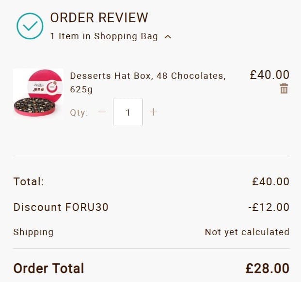 Screenshot of the Lily O'Brien's discount code working