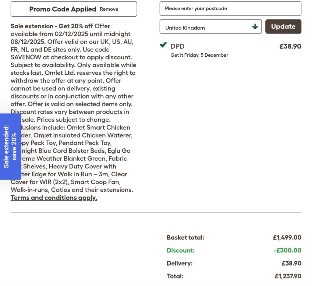 Screenshot of the Omlet discount code working